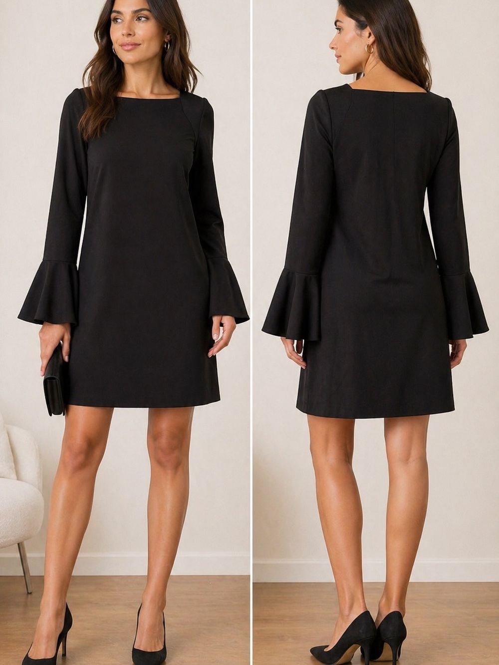 Banana Republic Black Long-Sleeve Shift Dress with Fluted Cuffs